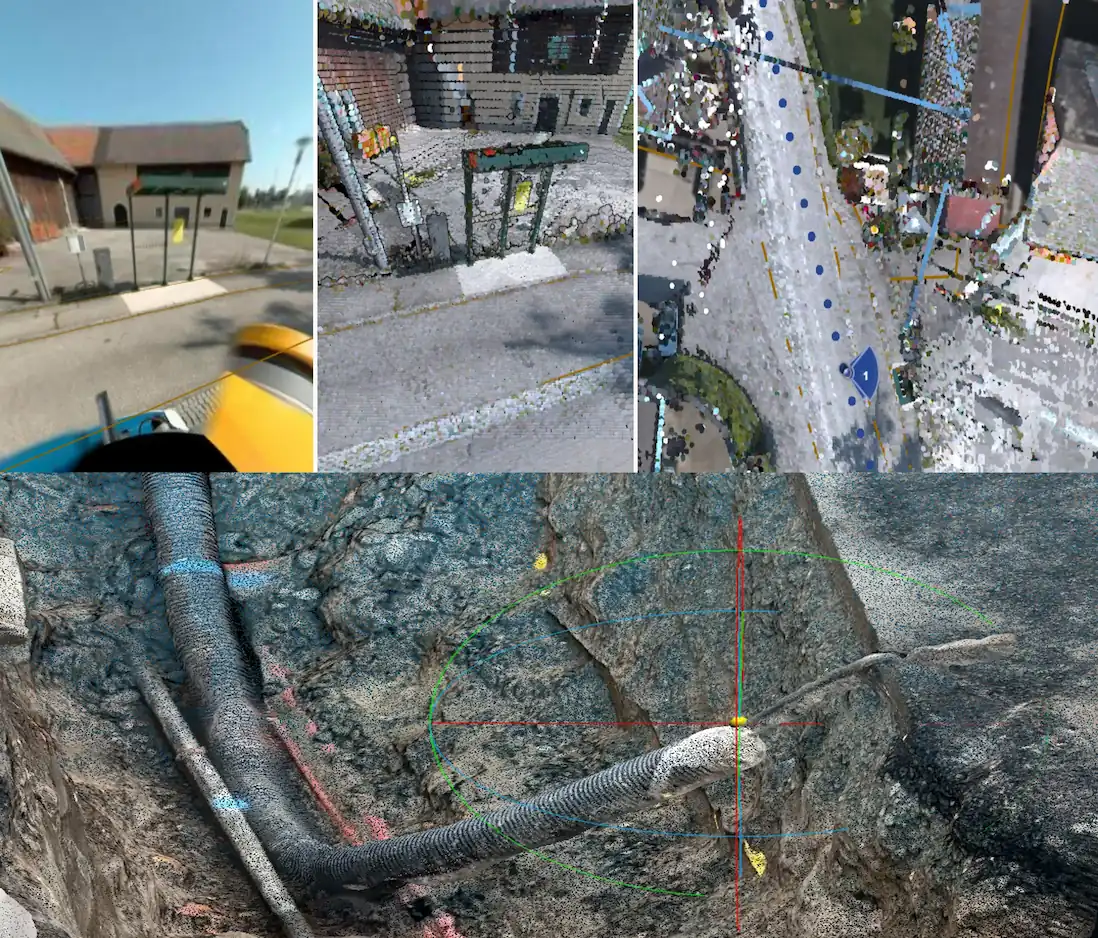 Eine Zusammenstellung von Bildern mit repräsentativen Ergebnissen für digitale 3D-Modelle und den digitalen Zwilling im städtischen Umfeld