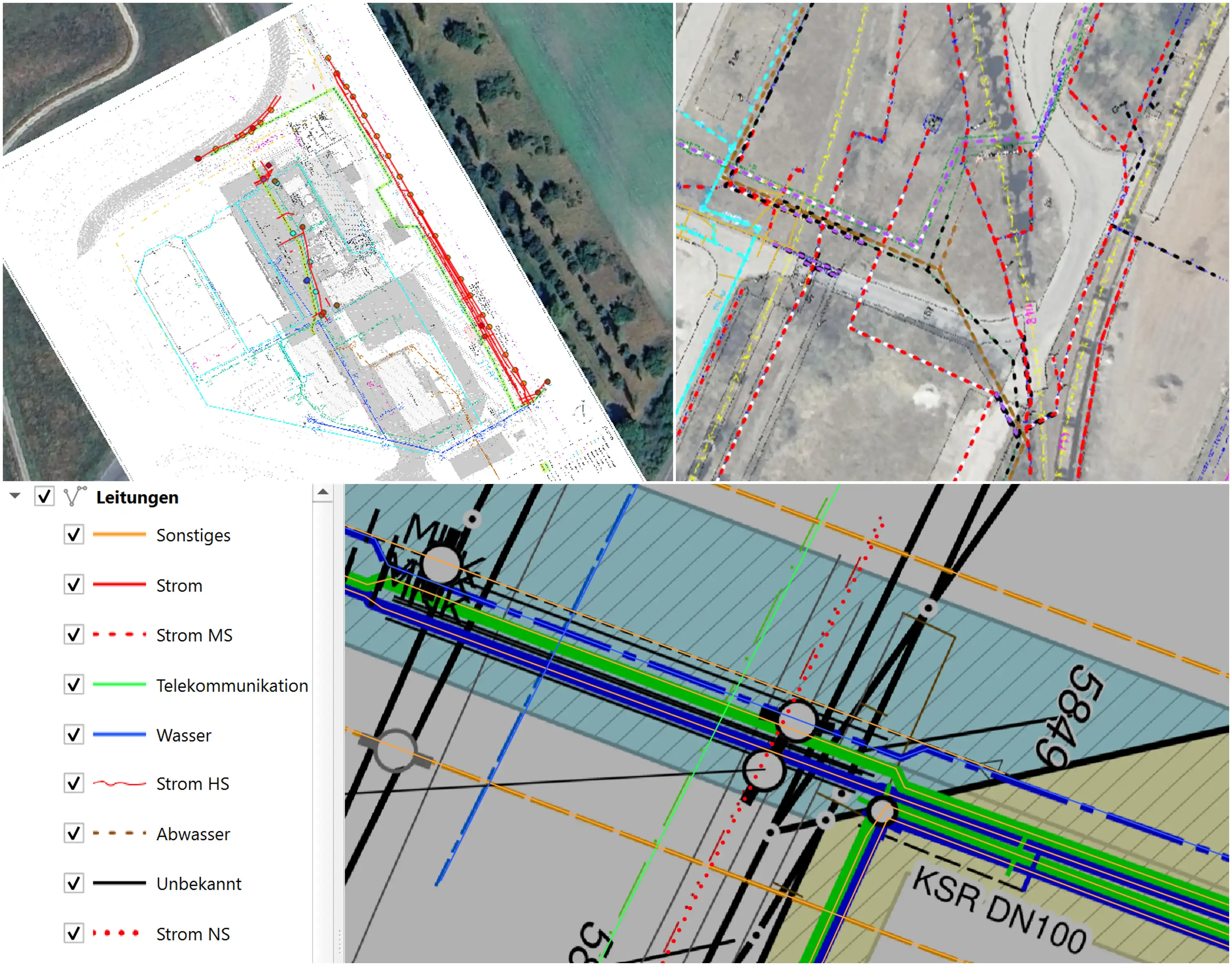 Eine Collage von Bildern mit verschiedenen Ergebnissen aus Digitalisierung, Georeferenzierung und GIS-Dienstleistungen wie digitalen Karten
