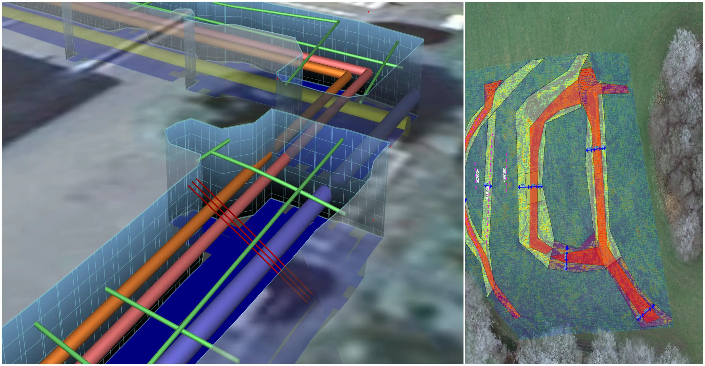 Ergebnisse der Erkennung unterirdischer Elemente wie Versorgungsleitungen mittels GPR