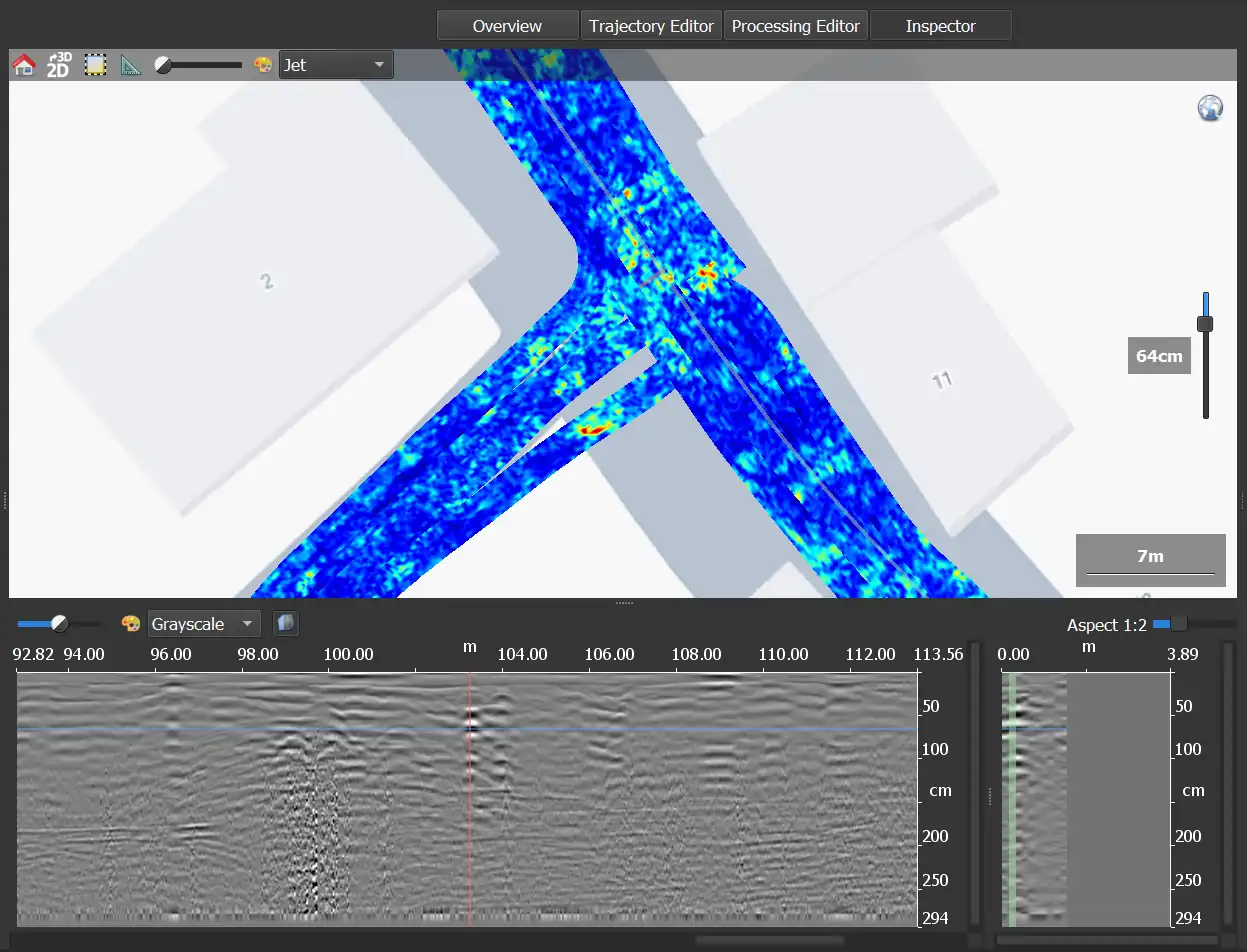 Ein Screenshot der Benutzeroberfläche der IQMaps GPR-Datenanalyse-Software