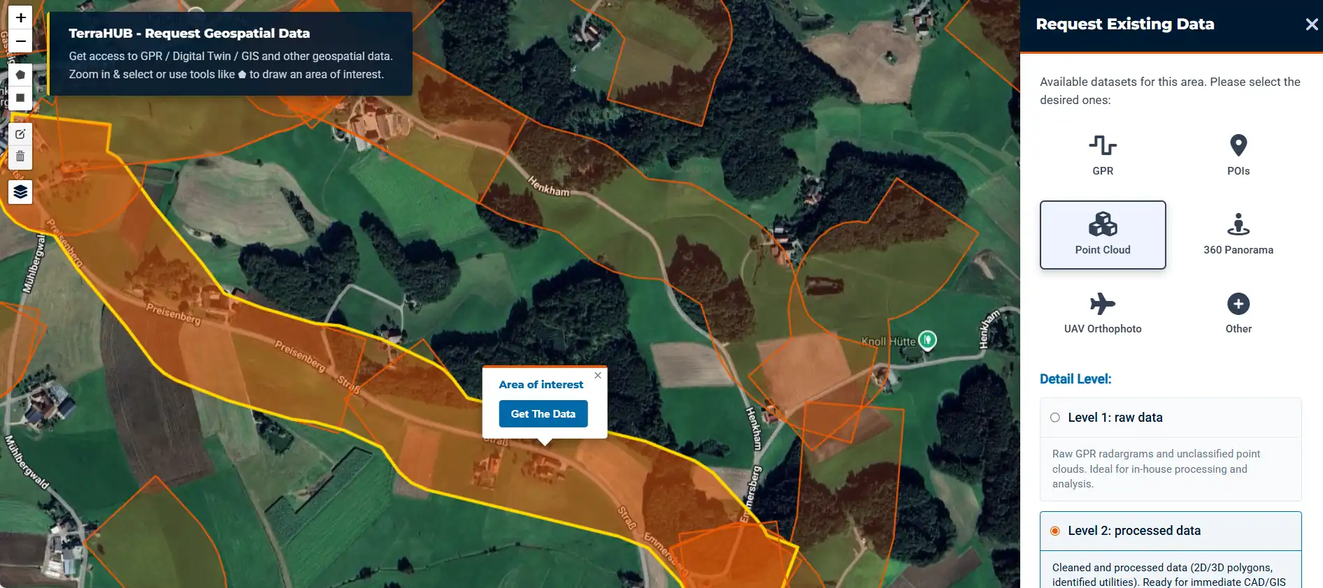 Die Benutzeroberfläche der hochwertigen Geodaten-Plattform TerraHUB