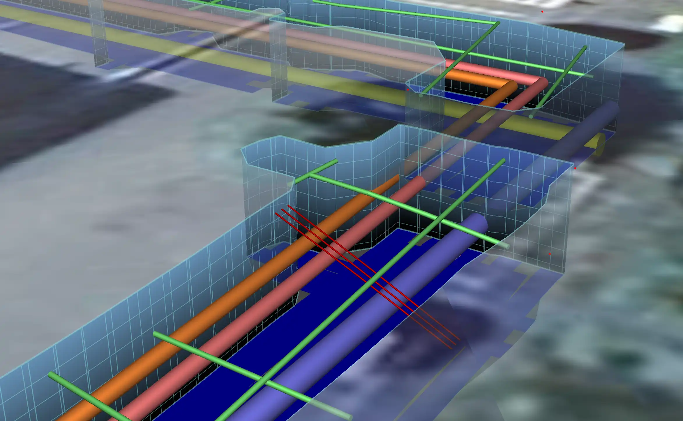 3D-Visualisierung von unterirdischen Versorgungsleitungen, detektiert mittels GPR-Technik und verarbeitet durch IQMaps
